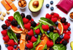 Heart-shaped display of foods that support heart health and energy