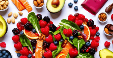 Heart-shaped display of foods that support heart health and energy