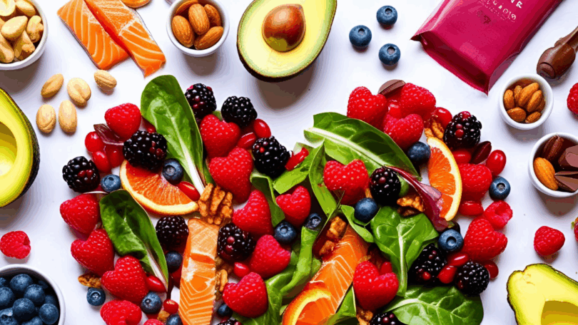 Heart-shaped display of foods that support heart health and energy